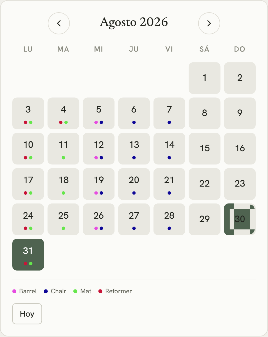 Calendario mensual de Sereno con las clases del centro
